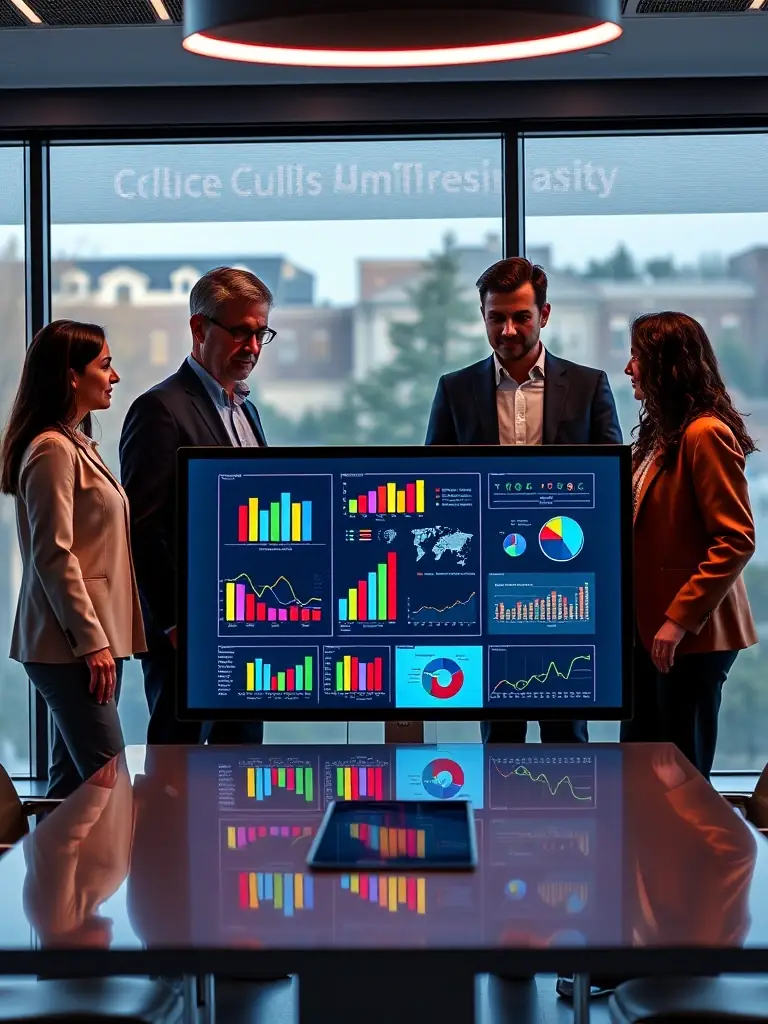 A diverse group of college administrators are collaborating around a large interactive dashboard displaying student performance metrics, with charts and graphs illustrating key trends and insights.