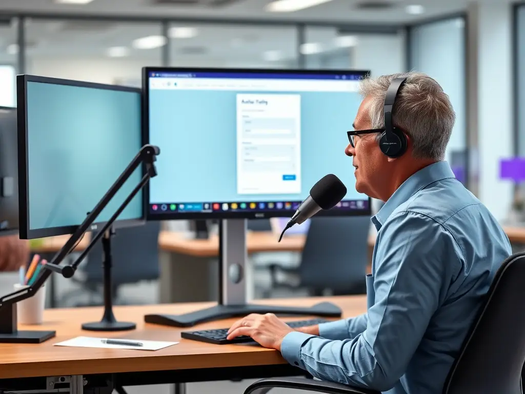 An image depicting an administrator effortlessly filling out a form using voice commands, showcasing the ease and efficiency of the automated form filling feature.
