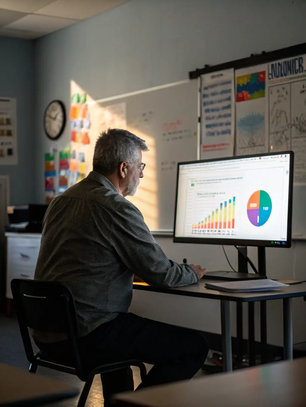 A concerned professor looking at a dashboard showing a student's declining engagement metrics, triggering an alert in the early warning system.