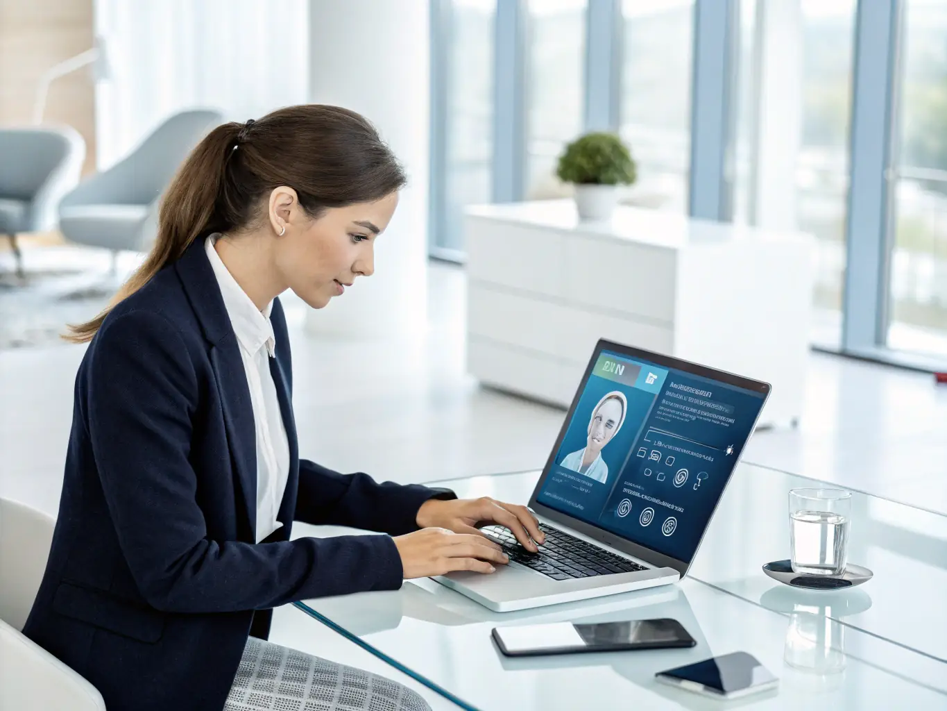 An image showing an administrator efficiently filling out forms using voice commands, with AI algorithms automatically populating the fields.