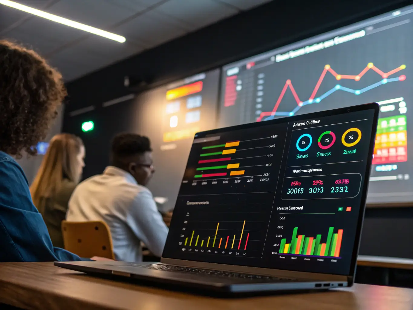 A modern dashboard interface displaying student analytics, risk alerts, and engagement metrics, with visual cues highlighting at-risk students and suggested interventions, representing EduTrack’s early warning system in an educational technology context.