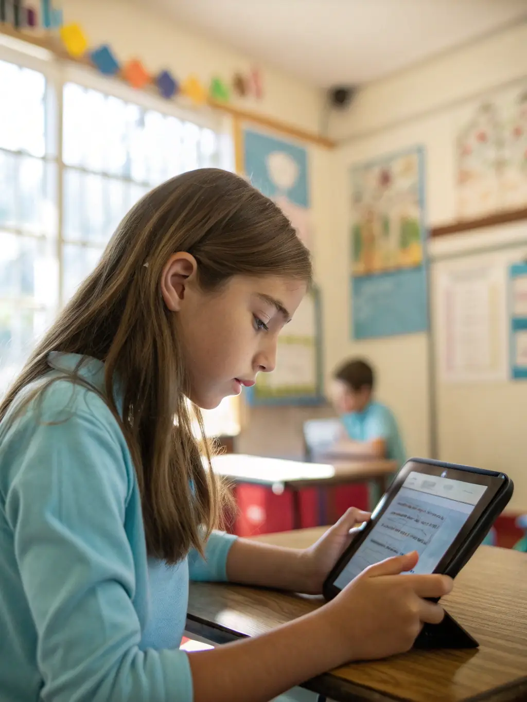 A student is smiling while looking at a personalized learning path displayed on a tablet, showcasing the tailored educational experience provided by CNV AI Labs.