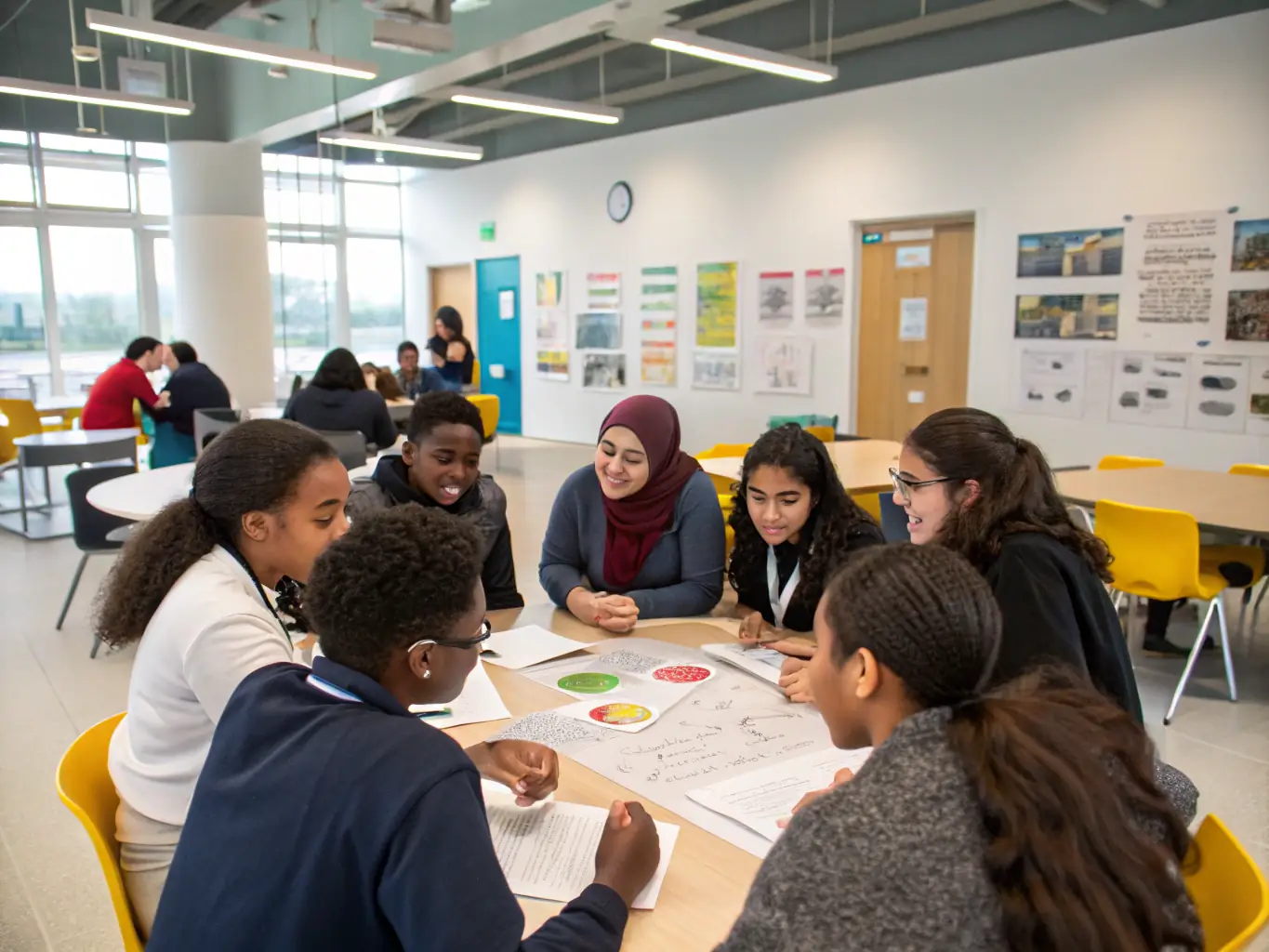 A diverse group of students collaborating on a project, with a smart timetable displayed on a large screen, optimizing their schedules for maximum productivity.