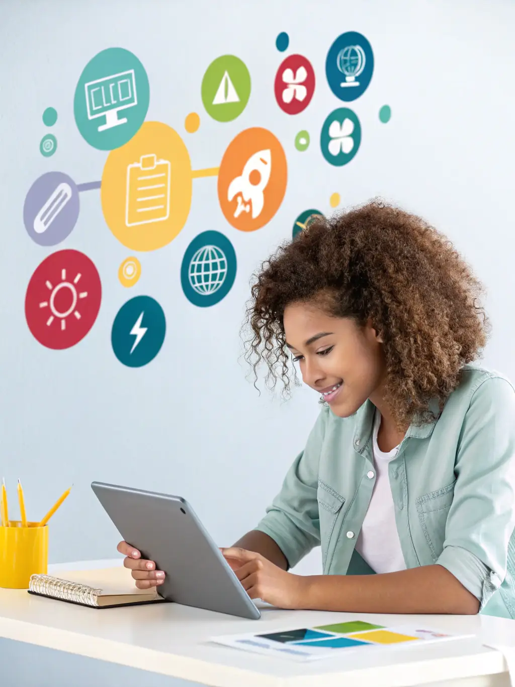 A student using a tablet, viewing a personalized learning path tailored to their skills and career aspirations, generated by CNV AI Labs' LLM.