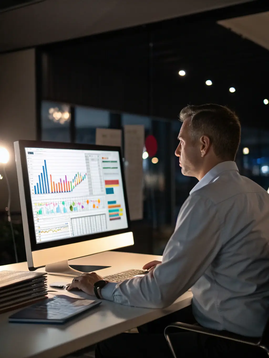 A concerned professor looking at a dashboard highlighting a student's declining grades and attendance, triggering an alert from the AI-based early warning system.