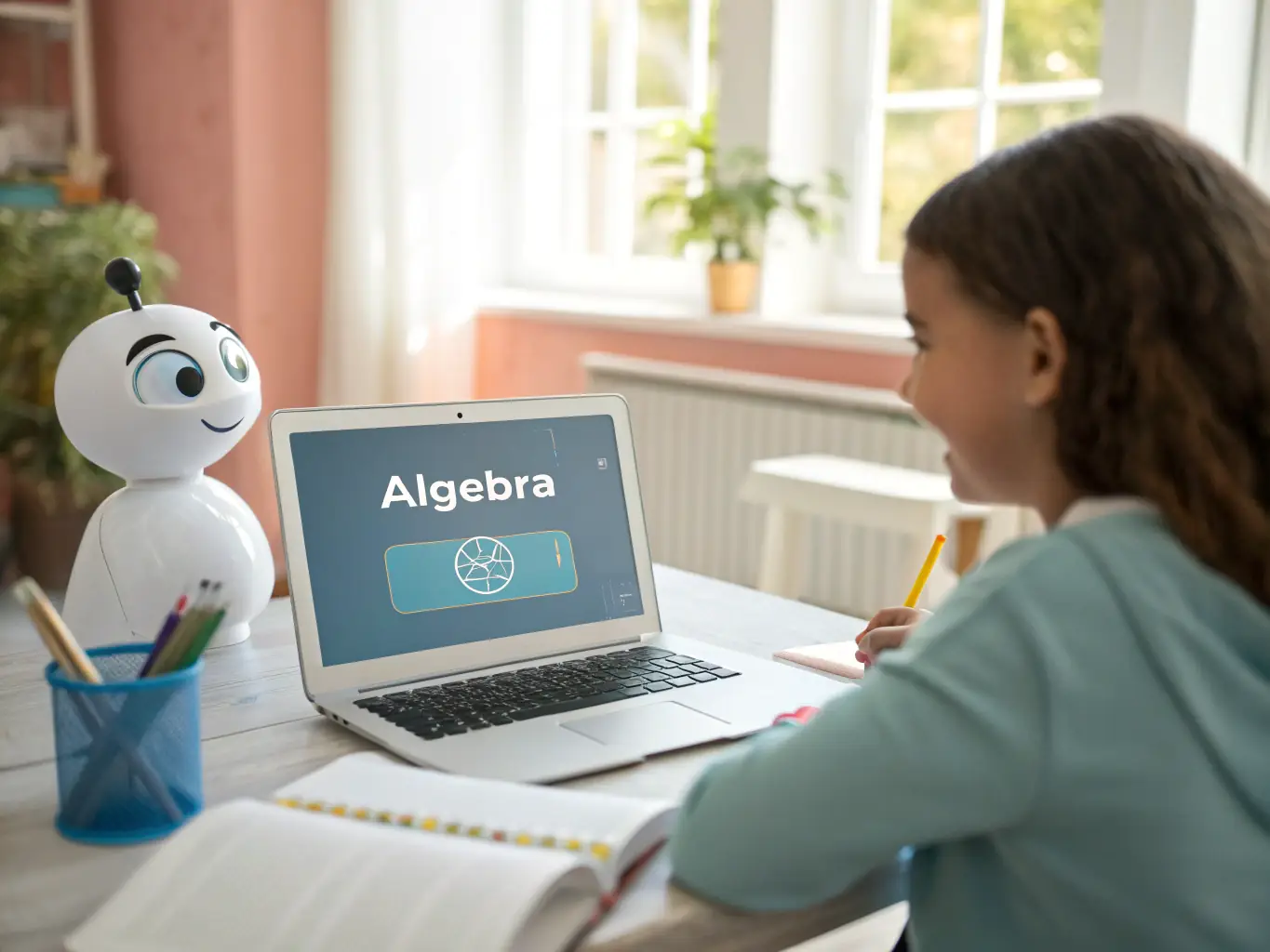 A digital illustration depicting a friendly AI assistant helping a student with their coursework on a laptop, set in a modern university library.