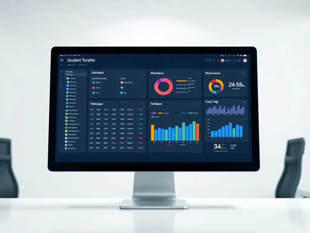 A detailed image showcasing a clean, modern dashboard interface with various charts and graphs representing student performance metrics, such as GPA, attendance, and engagement levels. The dashboard should be easy to navigate and visually appealing, with clear data visualizations.