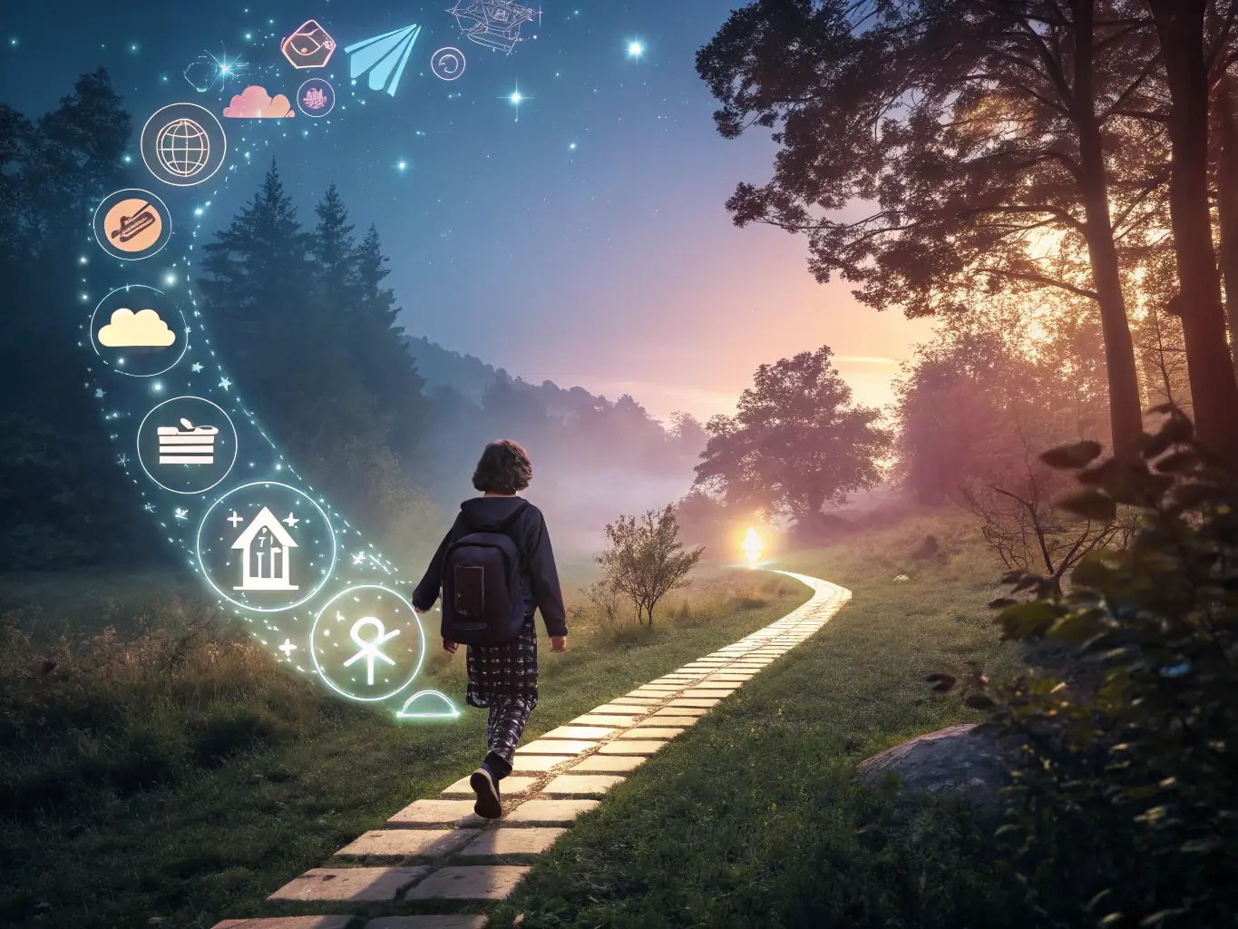 A personalized learning path visual, showing a student profile with recommended courses, skill badges, and career milestones, set against a backdrop of digital learning resources, illustrating EduTrack’s AI-driven learning and career planning features.