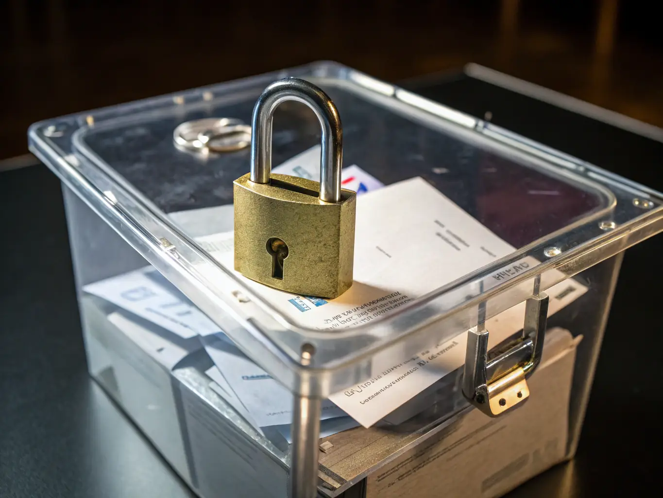 An image showing a digital lock and key over a stack of exam papers, symbolizing enhanced security, with a network of interconnected nodes in the background.
