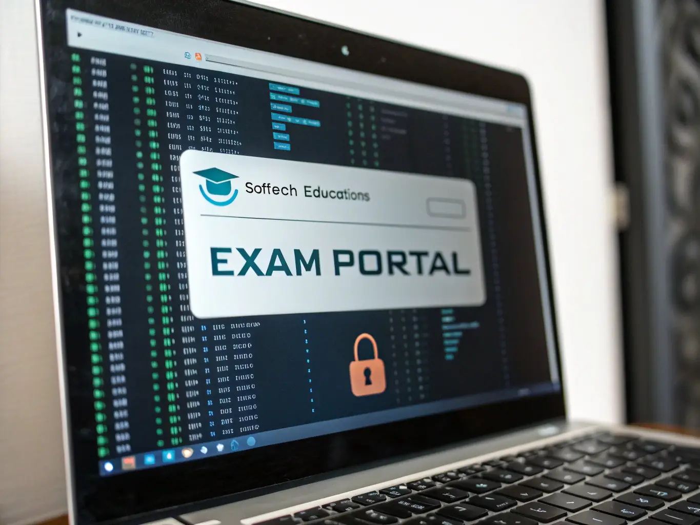 An image depicting encrypted digital question papers being securely transmitted between administrators and exam centers, showcasing the security features of the Question Paper Management system.